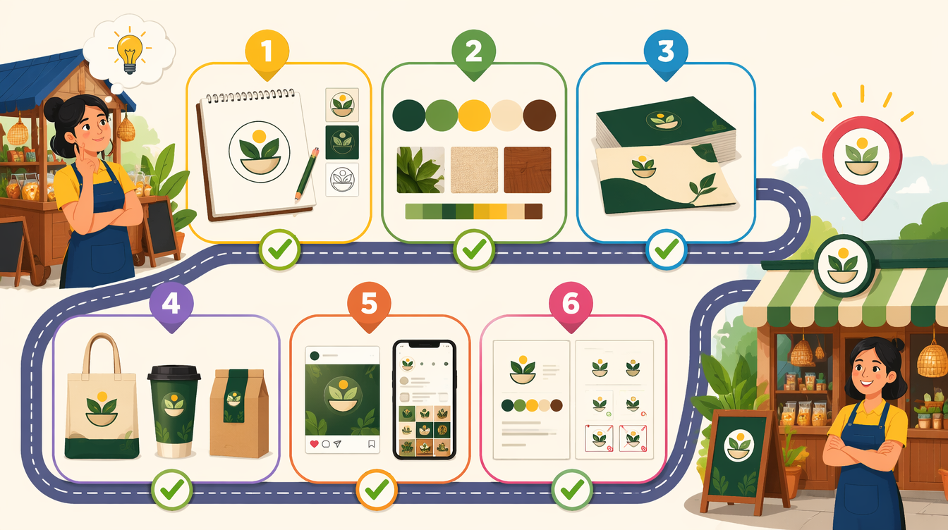 Ilustrasi checklist branding UMKM 2026 dari desain logo hingga daftar merek