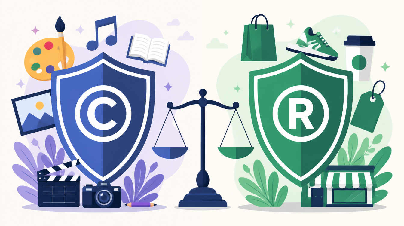 Ilustrasi perbandingan hak cipta vs merek dagang untuk desainer