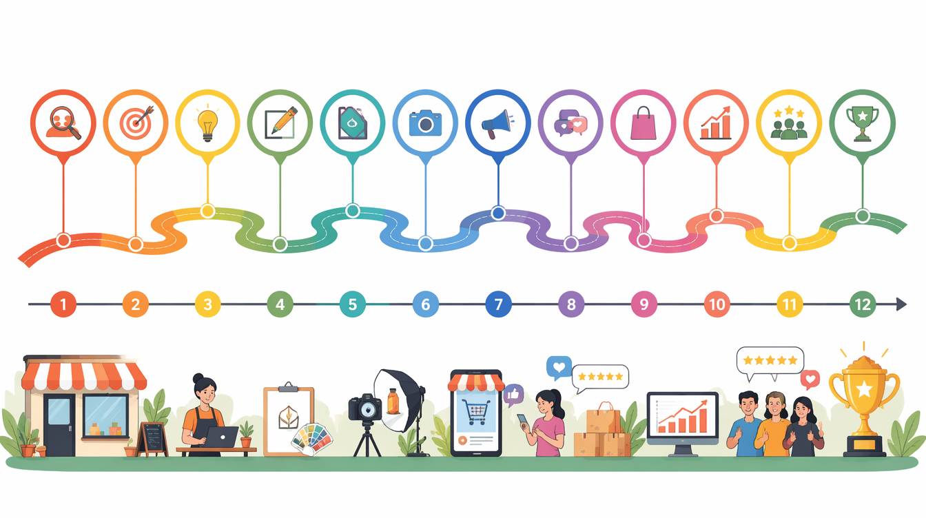 Ilustrasi timeline realistis membangun brand UMKM dari nol hingga launch